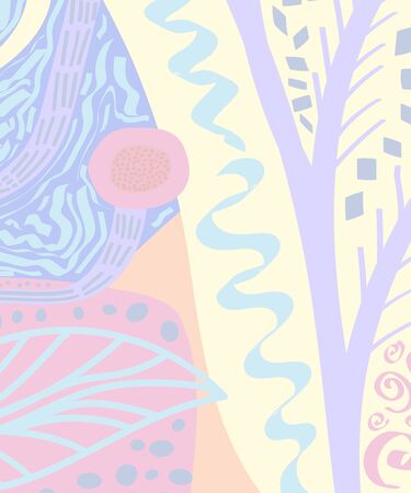 Abstract modern fashion vector illustration. Creative Doodle art background with different shapes and textures. Perfect for wrapping paper, card, poster, cover, invitation, brochure, label.のイラスト素材