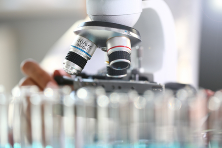 Head microscope on the background laboratory is a study human biology analyzes for non-compliance with the requirements organization public health at international levelの写真素材