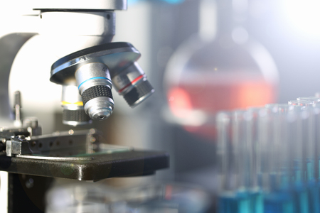 Head microscope on the background laboratory is a study human biology analyzes for non-compliance with the requirements organization public health at international levelの写真素材