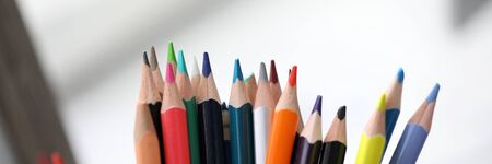 Bunch of various pencils stand in holderの写真素材