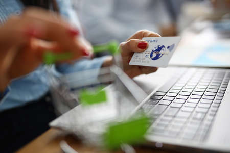 Woman holds credit card and shopping basket in hand. Sale in online stores concept
