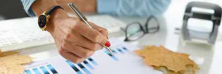 Successful business woman makes a plan for autumn.の写真素材