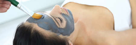 For woman in spa salon, apply clay mask to her face.の写真素材