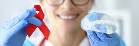 Doctor holds silicone implant and red ribbon in gloves.の写真素材