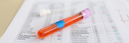 Test tube with liquid labeled bacteria lies on document with analysis results.の写真素材