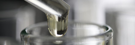 Transparent liquid is dropped from pipette into test tube closeupの写真素材