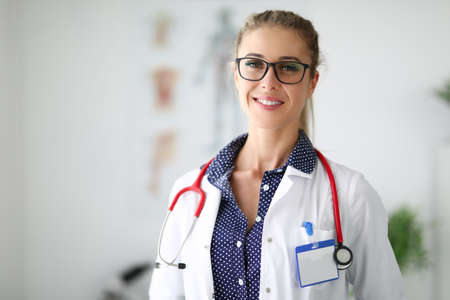 Portrait of young female doctor in clinicの写真素材