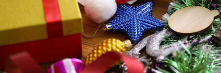 There are New Years decorations and gift on table.の写真素材