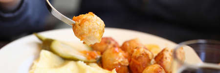 Lunch of meatballs and mashed potatoes on a plate closeup.の写真素材