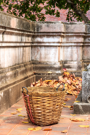 Weave trash basket, Dustbin made from bamboo weaving in the temple.の写真素材