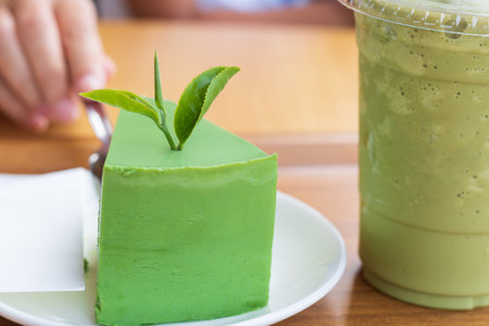 Matcha green tea sponge cake and iced green teaの写真素材