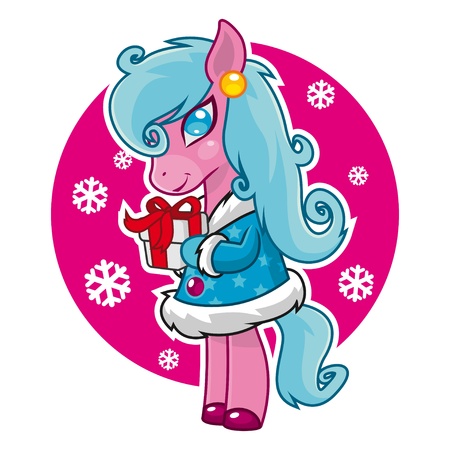 Vector illustration, merry christmas holding a gift horse and smiling, format EPS 8のイラスト素材