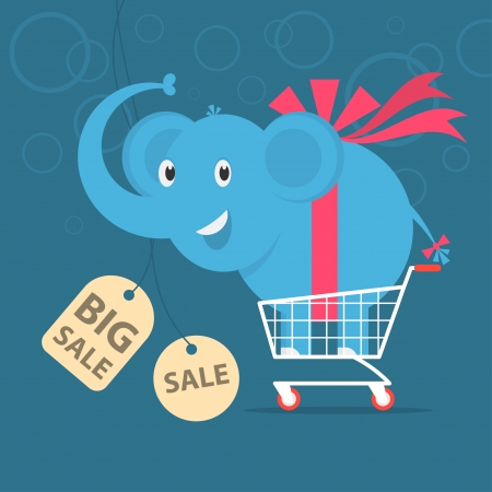 Elephant stands on shopping cart のイラスト素材