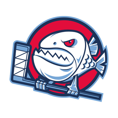Emblem aggressive piranha holds hockey stickのイラスト素材