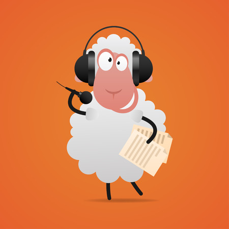 Cheerful sheep in headphones singing in microphoneのイラスト素材