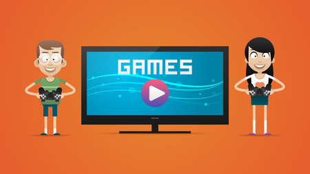 Guy and girl playing video gamesのイラスト素材