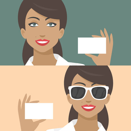 Woman smiling and holds business cardのイラスト素材