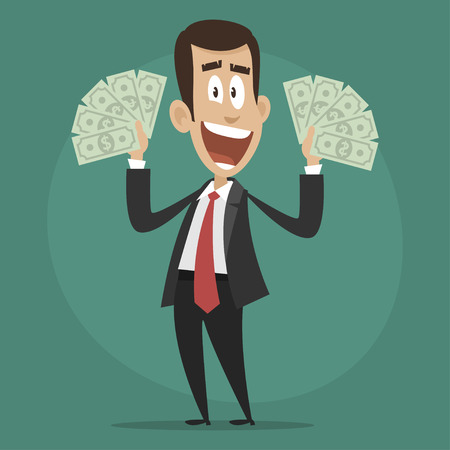 Character businessman happy holds dollar billsのイラスト素材