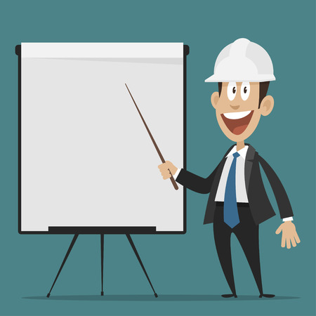 Cheerful builder points to flipchartのイラスト素材