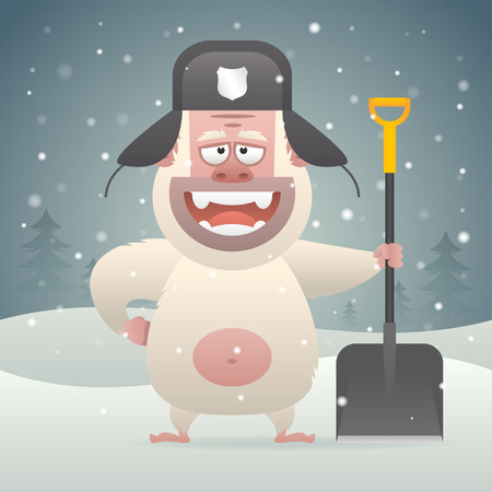 Yeti character holding shovel in winter forestのイラスト素材