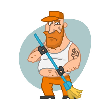 Biker man holding broomのイラスト素材