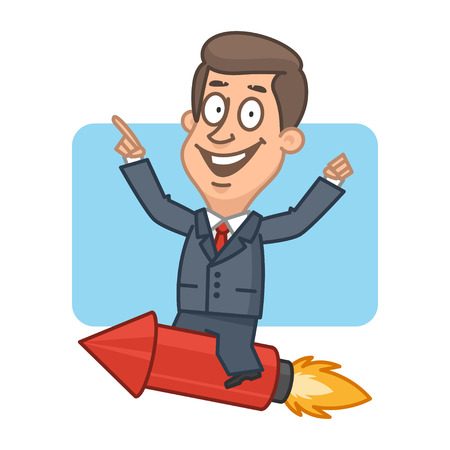 Businessman flying on rocket and smilingのイラスト素材