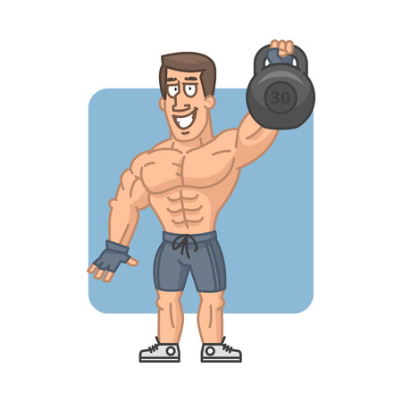 Bodybuilder raises kettlebell and smilingのイラスト素材