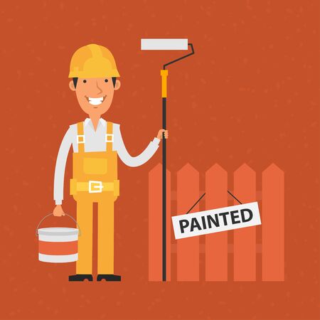 Builder holding roller and bucket of paintのイラスト素材