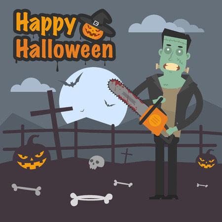 Illustration Halloween Frankenstein holding chainsawのイラスト素材