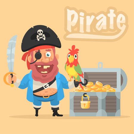 Pirate with parrot and chest with goldのイラスト素材