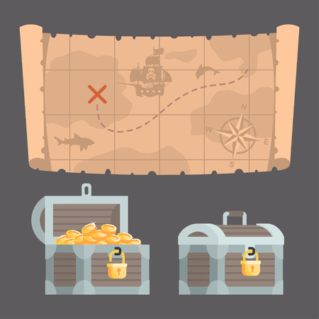 Treasure map and chest with goldのイラスト素材
