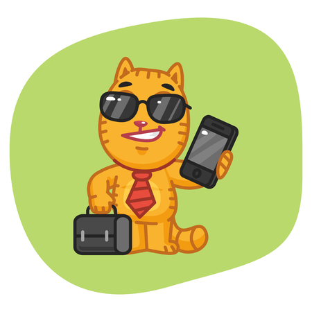 Cat Businessman Holding Suitcase and Phoneのイラスト素材