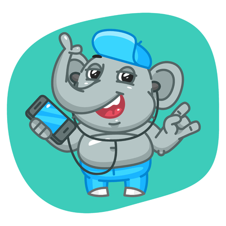 Vector Illustration, Elephant in Jeans Pants Holding Phone and Listening Music, Format EPS 10のイラスト素材