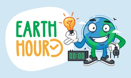 Earth Hour Earth Character Holding Light Bulb. Vector Illustration. Mascot Character.のイラスト素材