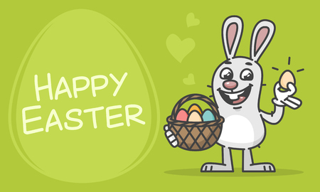 Composition Happy Easter Bunny Holding Basket and Egg. Vector Illustration. Mascot Character.のイラスト素材