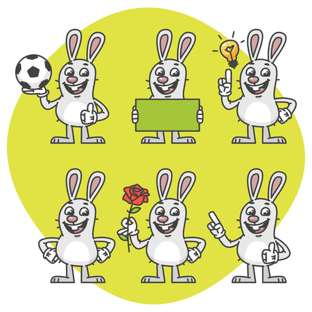 Rabbit Holds Soccer Ball Empty Nameplate Flower Set Characters. Vector Illustration. Mascot Character.のイラスト素材