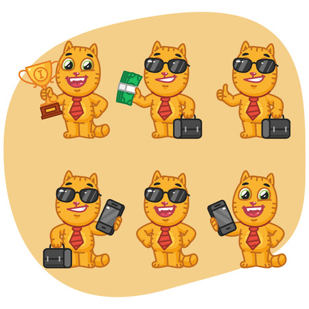 Set Cat Character Businessman Holding Money Cup Suitcase Phone. Vector Illustration. Mascot Character.のイラスト素材