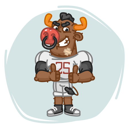 Bull Football Player Angry Shows Thumbs Up. Vector Illustration. Mascot Character.のイラスト素材