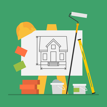 Concept Construction Flip Chart Level Bricks Bucket Cement Paint Helmet. Vector Illustration. Set Objects.のイラスト素材