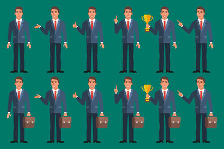 Businessman in Various Poses Character Set. Vector Illustration. Business People.のイラスト素材
