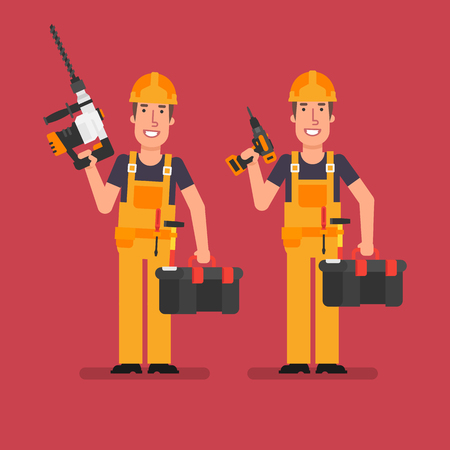 Builder holds perforator screwdriver and suitcase with tool. Working people. Vector illustration.のイラスト素材