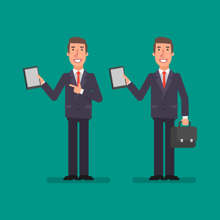 Businessman holds tablet holds suitcase and smiling. Business people. Vector illustration.のイラスト素材