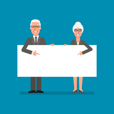 Old businessman and business woman holds and points to clean sheet paper. Business people. Vector illustration.のイラスト素材