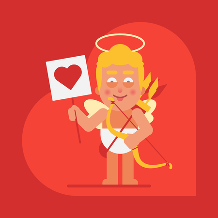 Cupid holding sign with heart and showing tongue. Cartoon character. Valentine card. Vector Illustration.のイラスト素材