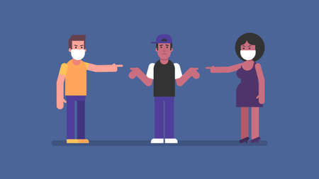 Man and woman in protective masks point to afro american man. Flat people Vector Illustration
