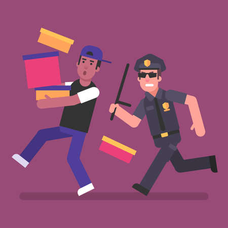 Policeman runs after afro american man. Flat people. Vector Illustration