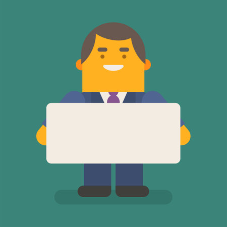 Businessman holding blank sign and smiling. Vector character. Vector illustrationのイラスト素材