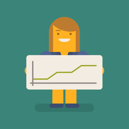 Business woman holding positive business graph and smiling. Vector character. Vector illustrationのイラスト素材
