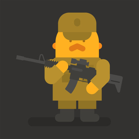 Sergeant with red mustache holding black machine gun. Vector character. Vector illustrationのイラスト素材