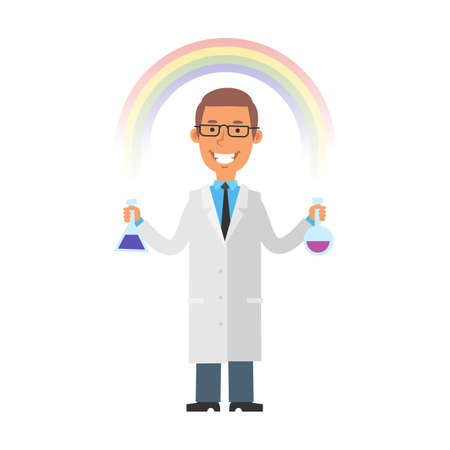 Young scientist holds test tubes and smiles against background of rainbow. Vector characters. Vector Illustrationのイラスト素材